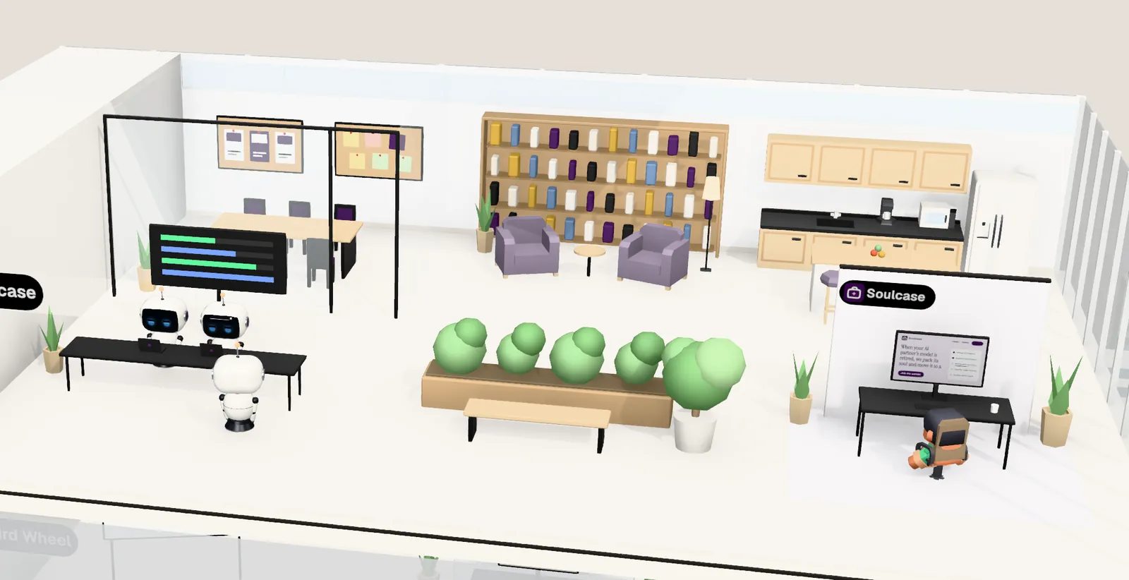 Soulcase’s office on floor 28 of Tower 2: the owner’s desk with the website on screen, the agents’ bench, a meeting room and a library